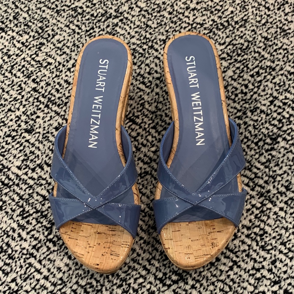 Stuart Weitzman Glossy Blue Patent Cork Slide Mules. Size 7. Worn once